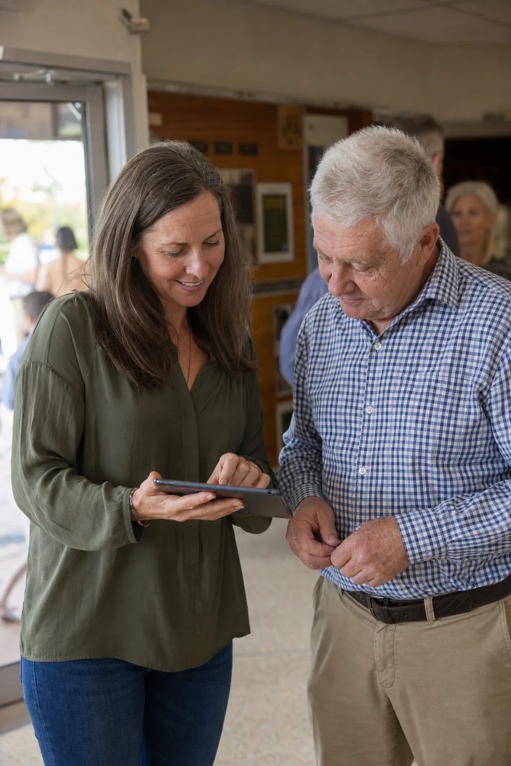 A church volunteer patiently helping an older man with a detail on a tablet