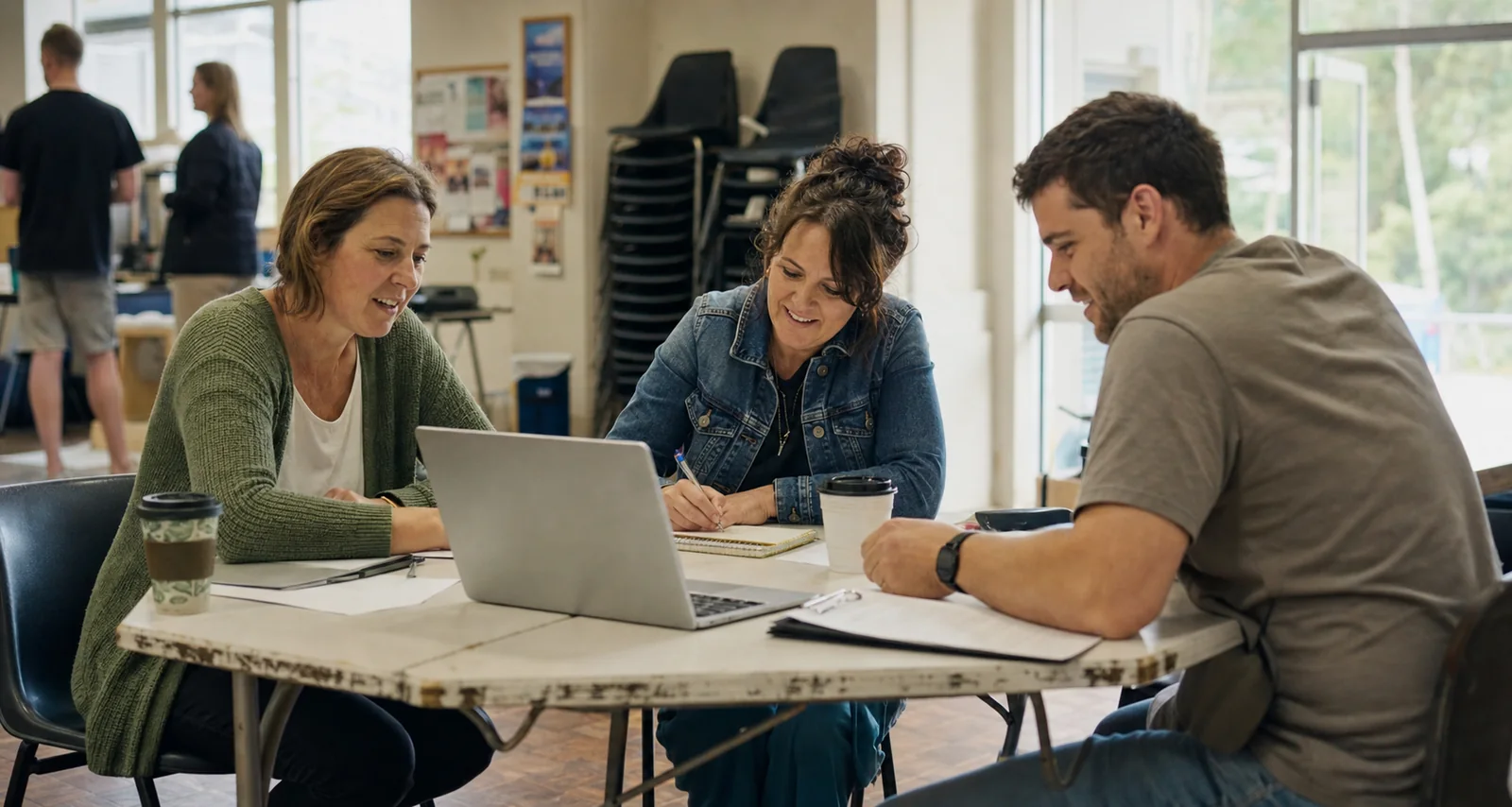 Three church volunteers planning together around a laptop and handwritten notes