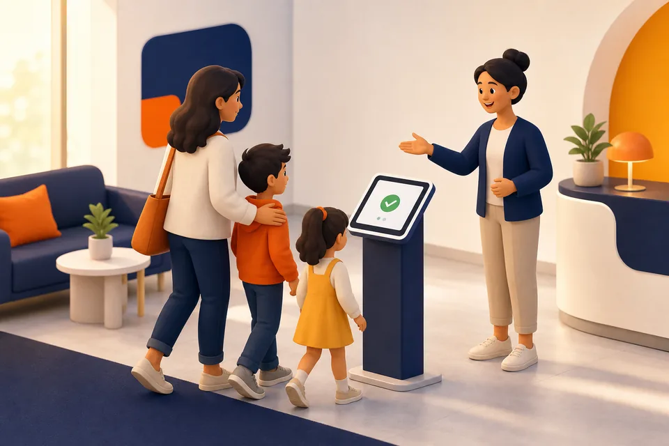 A parent and two children arriving at a check-in kiosk as a volunteer welcomes them