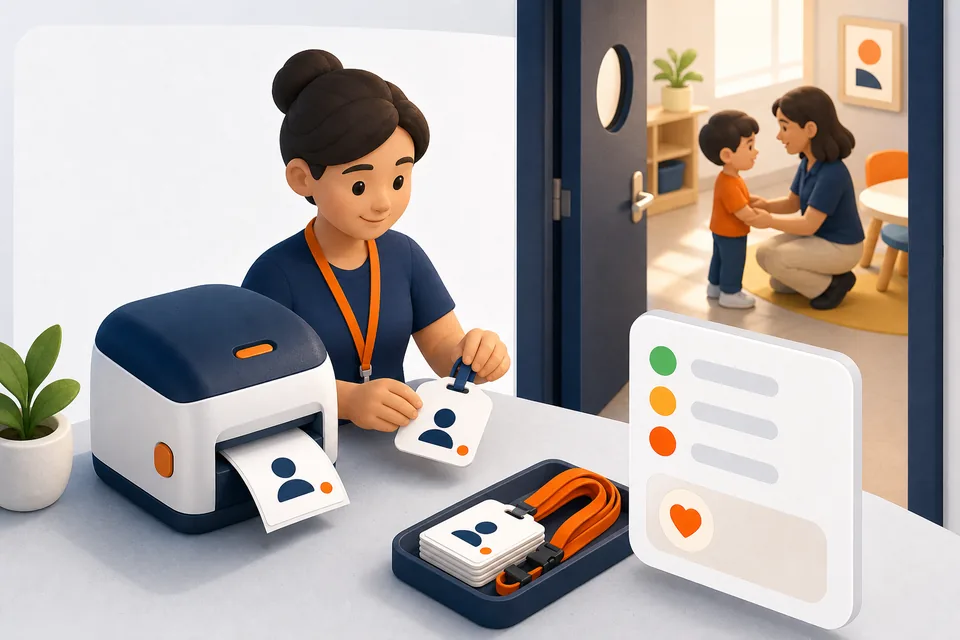 A volunteer preparing printed child labels beside a settled kids room
