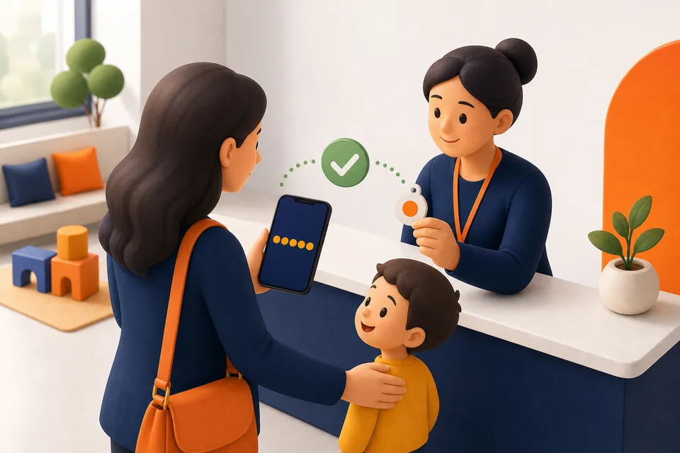A parent showing a pickup code while a volunteer verifies the matching child tag