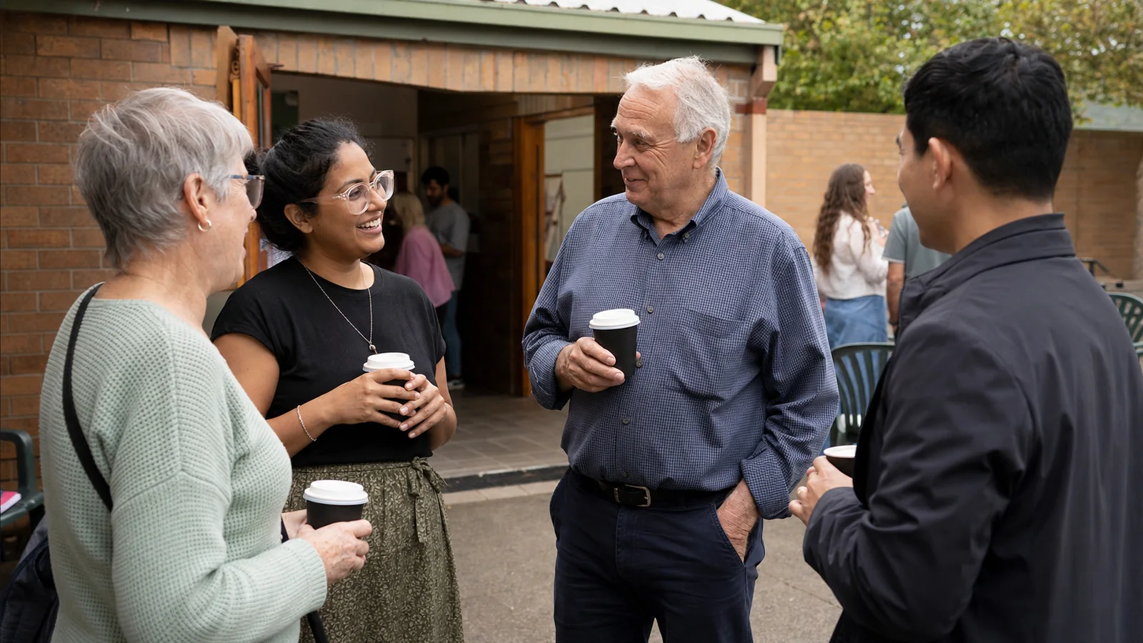 A multigenerational group sharing an easy conversation in a church courtyard